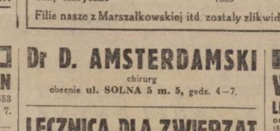 Ogłoszenie w „Gazecie Żydowskiej”, 16 października 1940: dr D. Amsterdamski, chirurg, przeprowadził się na Sienną 61.