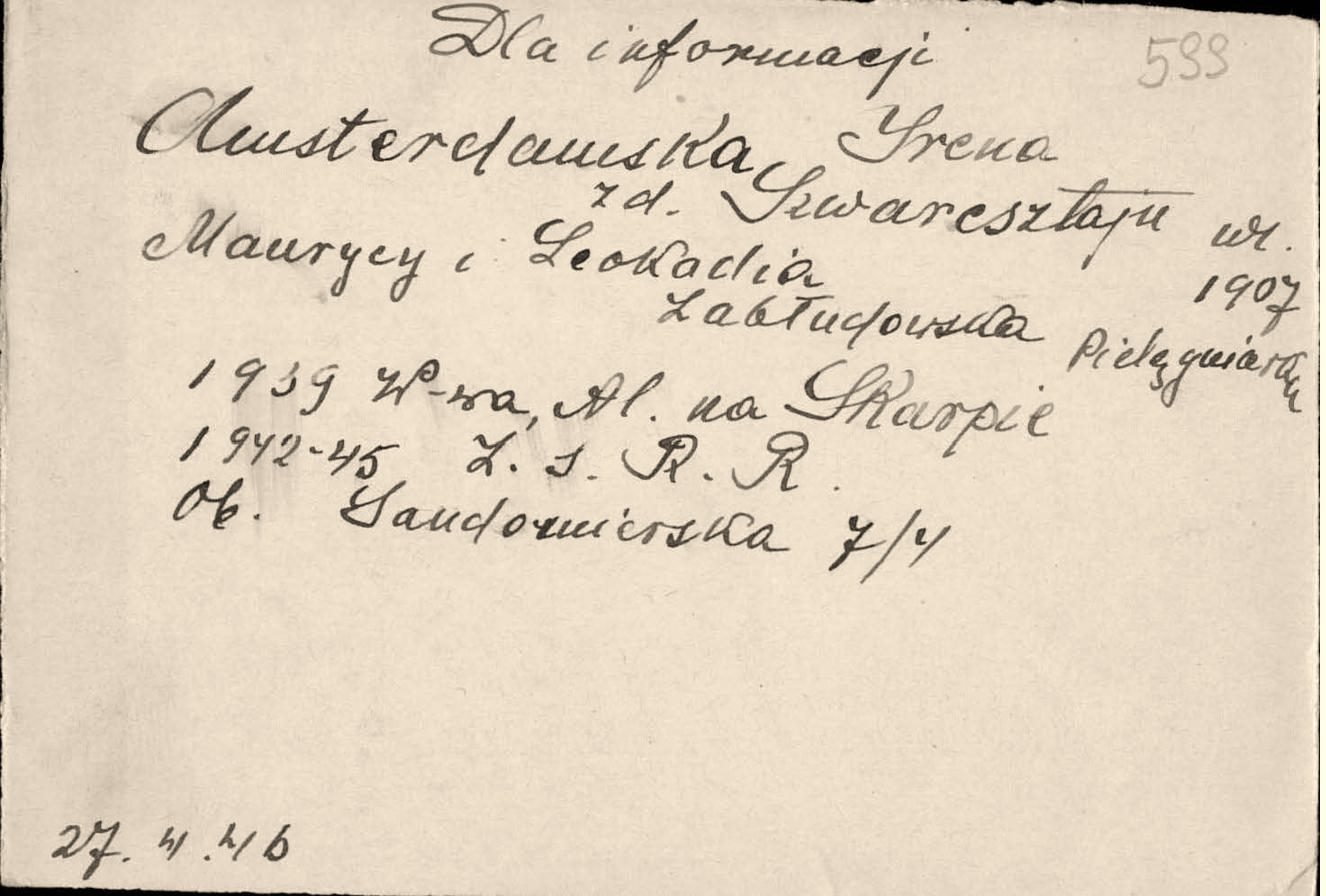 Karta rejestracyjna Ireny Amsterdamskiej w Centralnym Komitecie Żydów w Polsce, 27 kwietnia 1946 r.