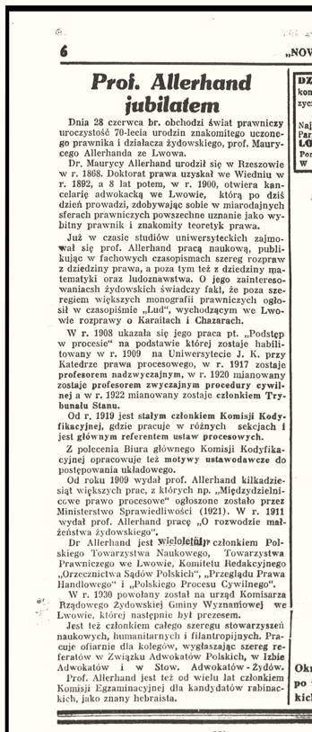 "Prof. Allerhand the Jubilarian" — article in the "Nowy Dziennik" of 28 June 1938, on the scholar's 70th birthday.