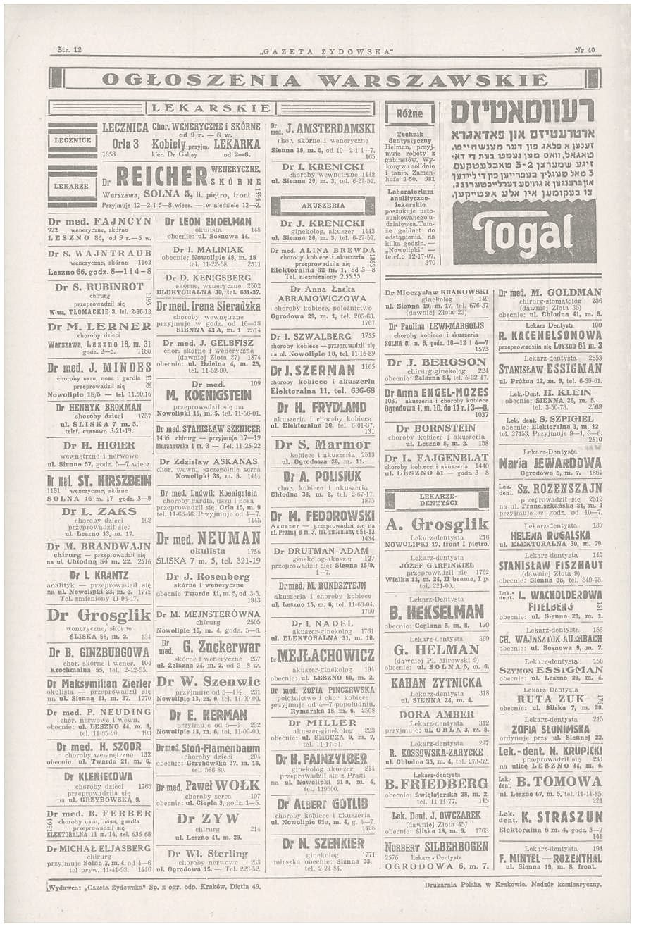 „Gazeta Żydowska”, 6 grudnia 1940: ogłoszenia lekarzy przesiedlonych do getta — wśród nich dentysta Stanisław Fiszhaut, Sienna 38.