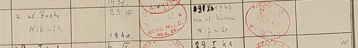 Helena's entry in the residence register: she arrived „from 16 Freta St., apt. 34"; deregistered 31 X 1940 „to 17 Sienna St., apt. 27". State Archive in Warsaw.