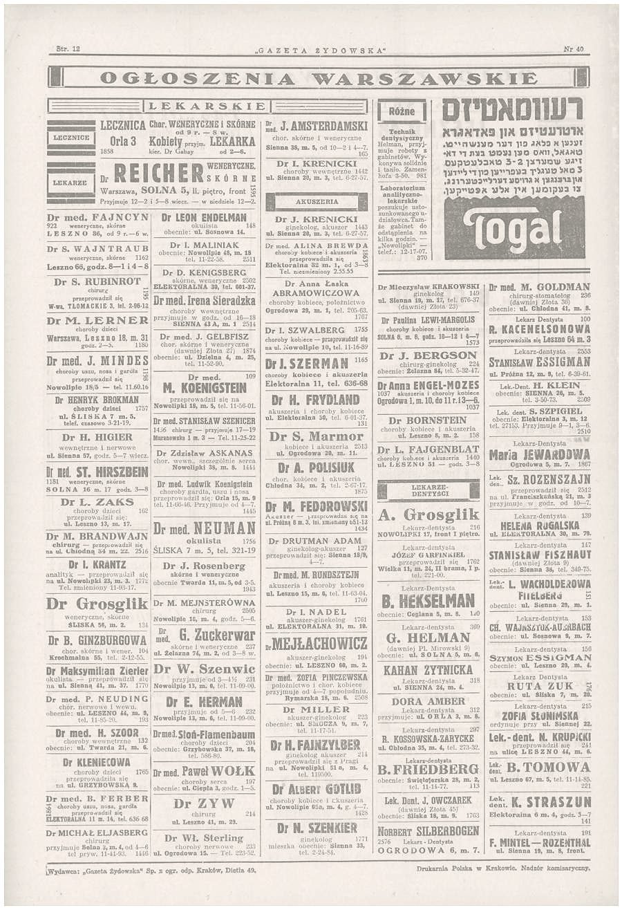 „Gazeta Żydowska", 6 December 1940: announcements of physicians resettled into the ghetto — among them the dentist Stanisław Fiszhaut, Sienna 38.