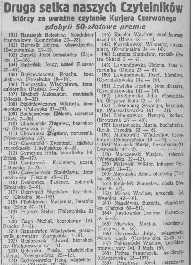 „Express Poranny", no. 66 [1927]: „The second hundred of our Readers who for attentive reading of the Kurjer Czerwony won 50-złoty prizes" — entry 120: „Gago Michał, unemployed (Al. Szucha 7—3)".