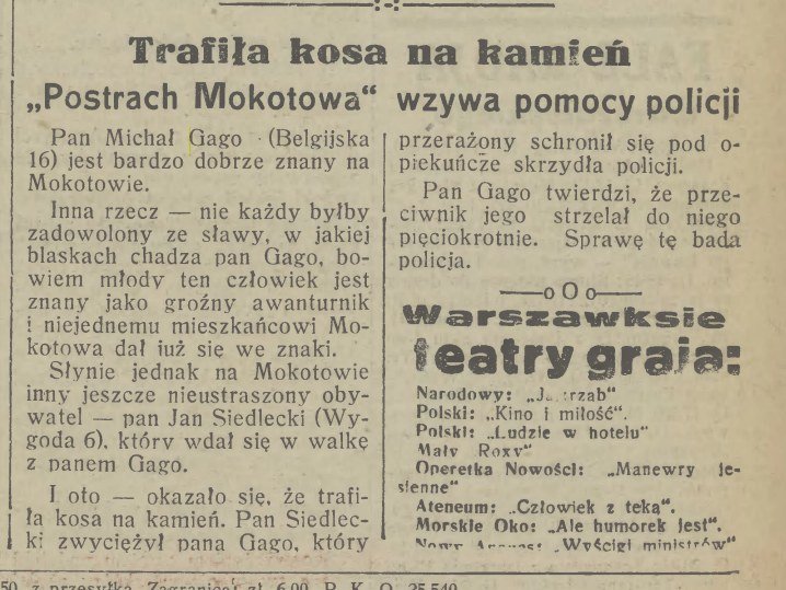 „Dzień Dobry", 18 August 1931, p. 8: „The scythe met a stone. The »Terror of Mokotów« calls for police help".