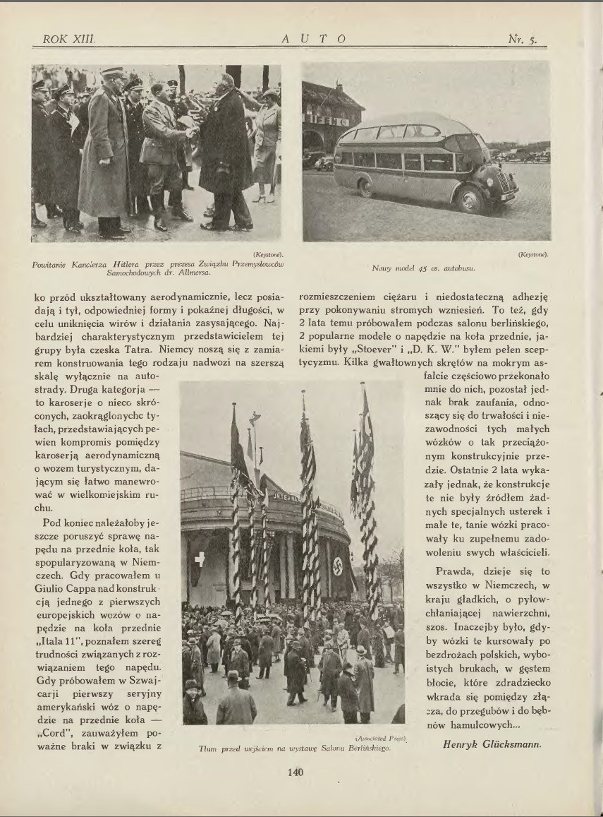 „Auto", May 1934, p. 140: report from the Berlin Motor Show — „The greeting of Chancellor Hitler by the president of the Association of Automobile Manufacturers, Dr Allmers" and „The crowd before the entrance to the Berlin Motor Show". Digital Library of Greater Poland.