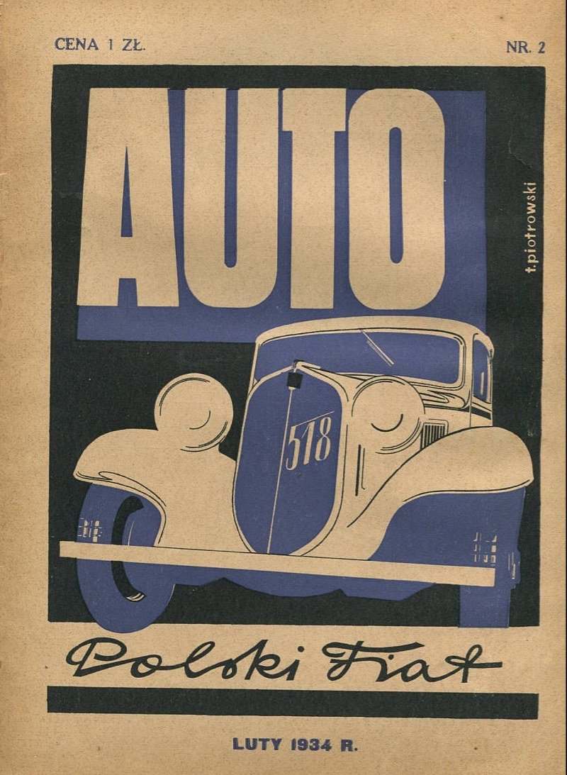 Cover of the monthly „Auto" (organ of the Automobile Club of Poland), February 1934, with a Polski Fiat 518 — design by T. Piotrowski. Digital Library of Greater Poland.