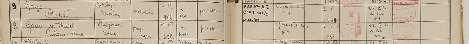 Apartment card no. 22 (p. 134), entries 2–3: Michał Gago, mechanic, born 15 III 1902, and Czesława Anna Gago née Hakiel, born 31 VII 1898 — both „from Plac Napoleona No. 9", registered 2 V 1938, deregistered 29 IV 1940 „to apt. No. 9". State Archive in Warsaw.