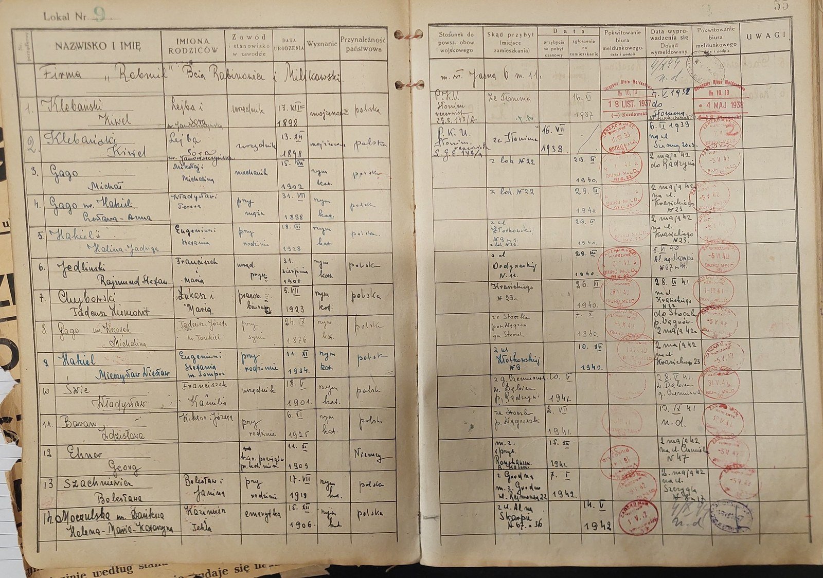 Apartment card no. 9 from the residents' register of the house at 9 Złota Street (p. 55). Entry 3 — Michał Gago, entry 4 — Czesława Anna Gago née Hakiel, entry 5 — Halina Jadwiga Hakiel, entry 8 — Michalina Gago née Wrosek, entry 9 — Mieczysław Hakiel. State Archive in Warsaw.