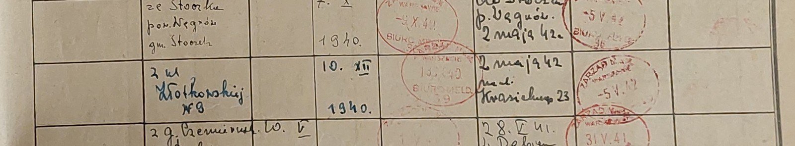 The same entries, right-hand page: Michalina „from Stoczek, Węgrów district, Stoczek commune", registered 7 X 1940, deregistered „to Stoczek, Węgrów district, 2 May 42"; Mieczysław registered 10 XII 1940, deregistered 2 May 1942 „to 23 Krasickiego Street".