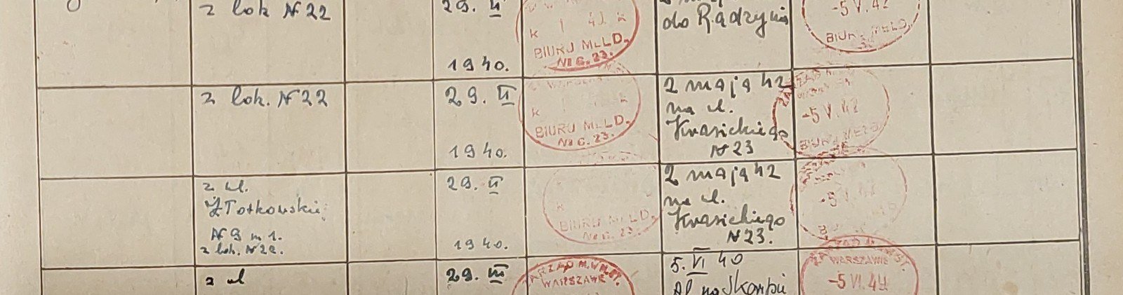 Entries 3–5, right-hand page: „from apt. No. 22", declaration 29 IV 1940; deregistration 2 May 1942 — Michał „to Radzyń", Czesława and Halina „to 23 Krasickiego Street". Stamps of the Registration Office dated 5 V 1942.