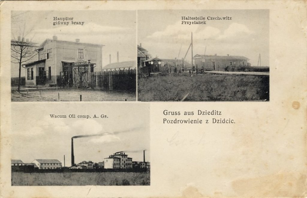 Pocztówka „Pozdrowienie z Dziedzic”: brama główna zakładów, przystanek kolejowy w Czechowicach i widok rafineryjnych zabudowań Vacuum Oil Company. Świat, z którego Greifingerowie przyjechali na Złotą.