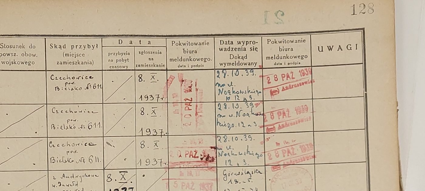Ta sama karta, prawa strona: „Czechowice pow. Bielsko Nr 611”, zgłoszenie 8 X 1937, wymeldowanie 28 X 1939 „na ul. Noakowskiego 12 m. 3”. Archiwum Państwowe w Warszawie.