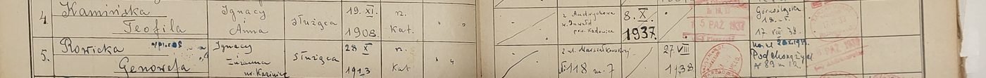 Poz. 4 i 5 karty lokalu nr 21: Teofila Kamińska (ur. 1908, z Andrychowa–Inwałdu, zameldowana 8 X 1937) i Genowefa Rowicka (ur. 1913, z Marszałkowskiej 118, zameldowana 27 VIII 1938) — obie wpisane jako „służąca”. Archiwum Państwowe w Warszawie.