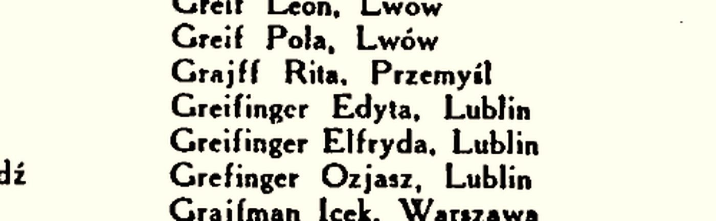 Fragment listy: „Greifinger Edyta, Lublin / Greifinger Elfryda, Lublin / Grefinger Ozjasz, Lublin”. „Register of Jewish Survivors II”, Jerozolima 1945.