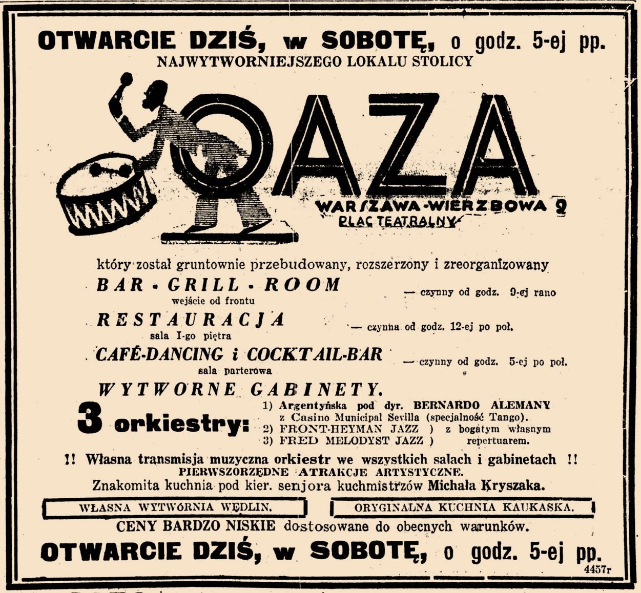 „Kurjer Warszawski”, 12 września 1931: otwarcie „Oazy” przy Wierzbowej 9. W spisie atrakcji, jako druga z trzech orkiestr — „FRONT-HEYMAN JAZZ z bogatym własnym repertuarem”.