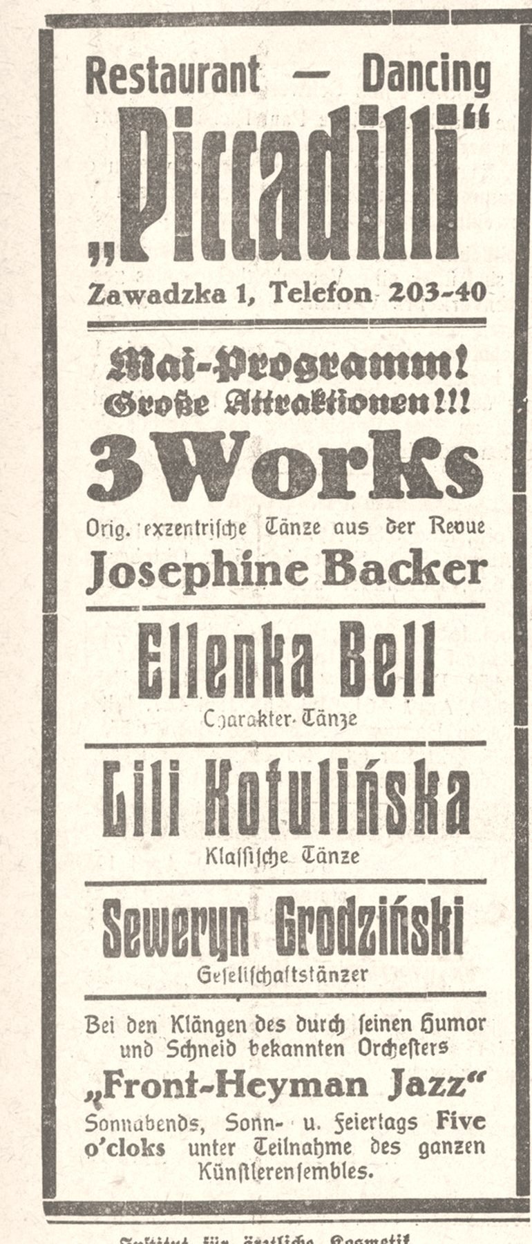 „Freie Presse” (Łódź), 1932: program lokalu „Piccadilli” przy Zawadzkiej 1 z zapowiedzią orkiestry „Front-Heyman Jazz”.