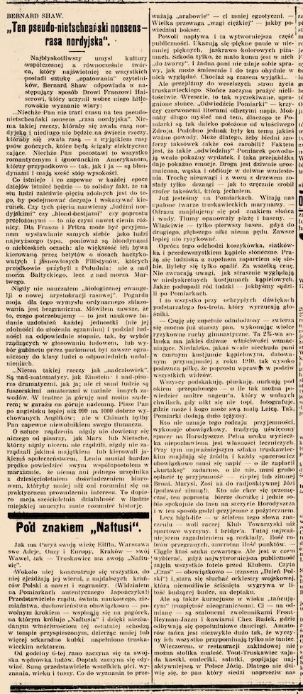 „Czas” (Kraków), 2 sierpnia 1933 — obok felietonu z Truskawca: Bernard Shaw, „Ten pseudo-nietzscheański nonsens — rasa nordyjska”.