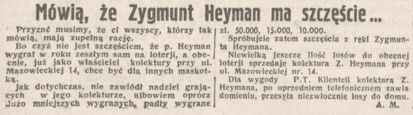 „Dobry Wieczór! Kurier Czerwony”, 5 października 1934: „Mówią, że Zygmunt Heyman ma szczęście…” — o wygranych w kolekturze przy Mazowieckiej 14.