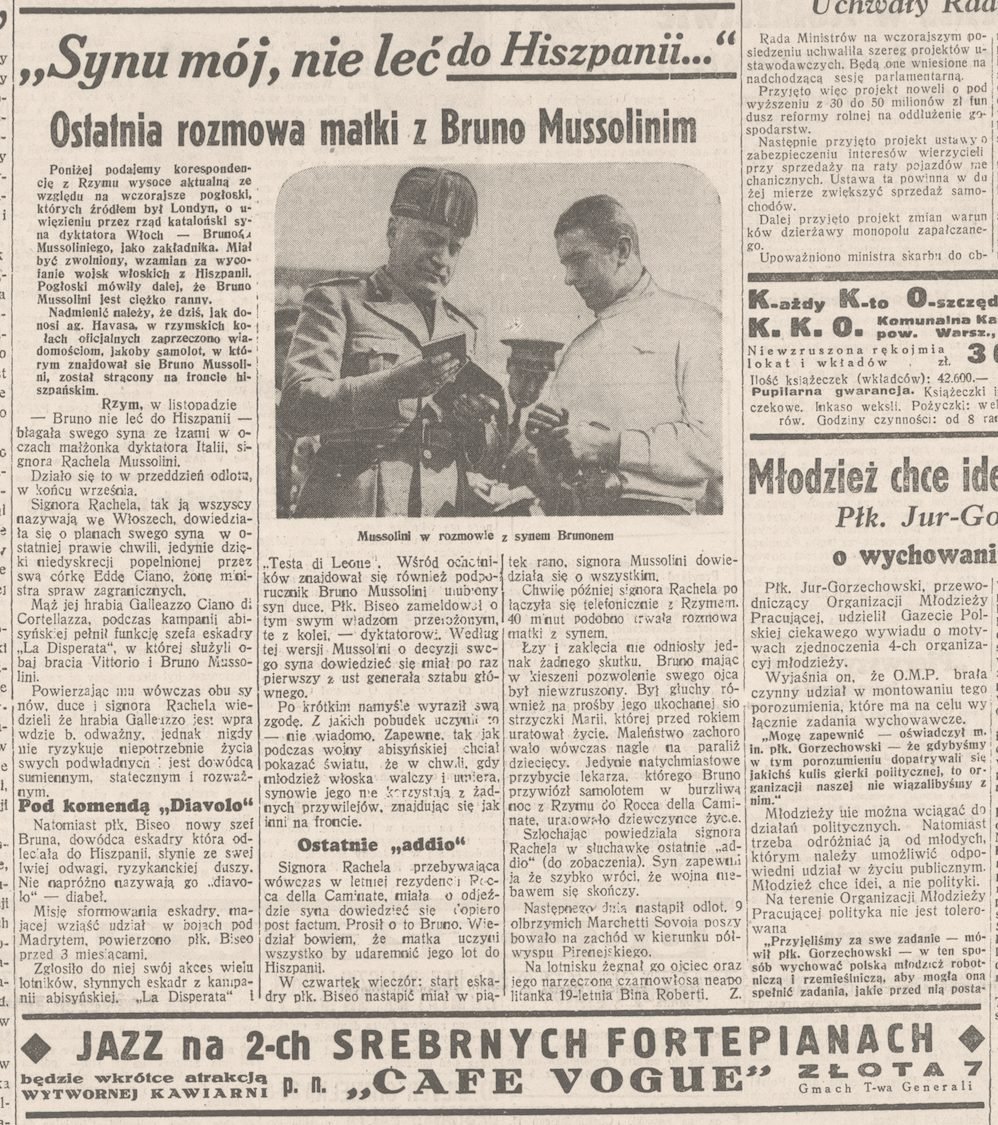 „Dobry Wieczór! Kurier Czerwony” nr 312, 10 listopada 1937: „JAZZ na 2-ch SREBRNYCH FORTEPIANACH — wkrótce atrakcja wytwornej kawiarni p. n. »CAFE VOGUE«, ZŁOTA 7” — u dołu kolumny z depeszą „Synu mój, nie leć do Hiszpanii…”.