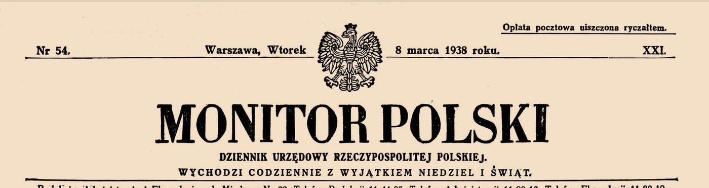 „Monitor Polski. Dziennik Urzędowy Rzeczypospolitej Polskiej” nr 54, Warszawa, wtorek 8 marca 1938 roku — winieta numeru z wpisem rejestrowym firmy.
