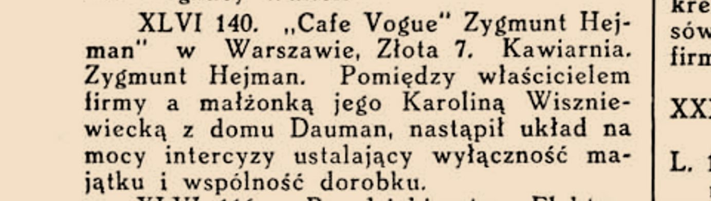 Tamże, dział rejestru handlowego, poz. XLVI 140: „»Cafe Vogue« Zygmunt Hejman” — firma, właściciel i intercyza z „małżonką jego Karoliną Wiszniewiecką z domu Dauman”.