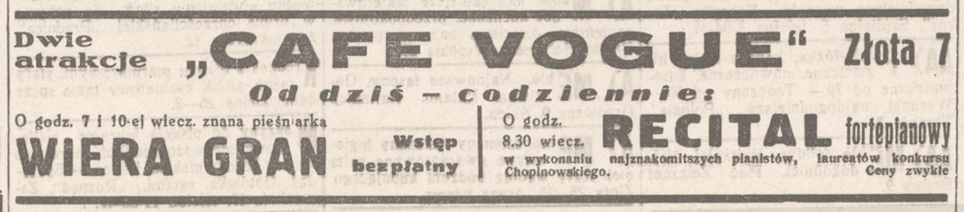 „Dobry Wieczór! Kurier Czerwony” nr 119, 1 maja 1938: debiutancki afisz Wiery Gran w Café Vogue.