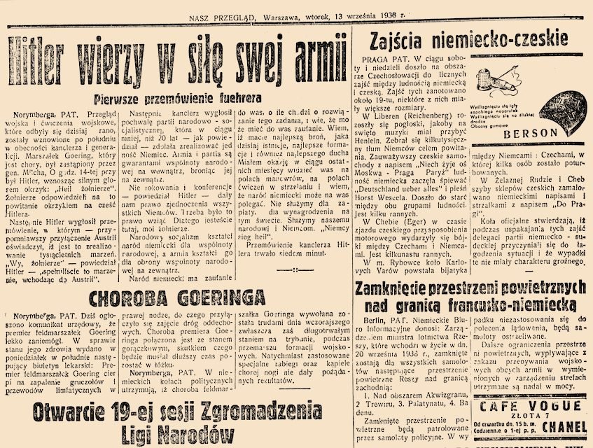 „Nasz Przegląd”, wtorek 13 września 1938: kolumna kryzysu sudeckiego — i ramka „CAFÉ VOGUE, Złota 7. Od czwartku dn. 15 b. m. codziennie o 1-ej p. p. — CHANEL” w prawym dolnym rogu.