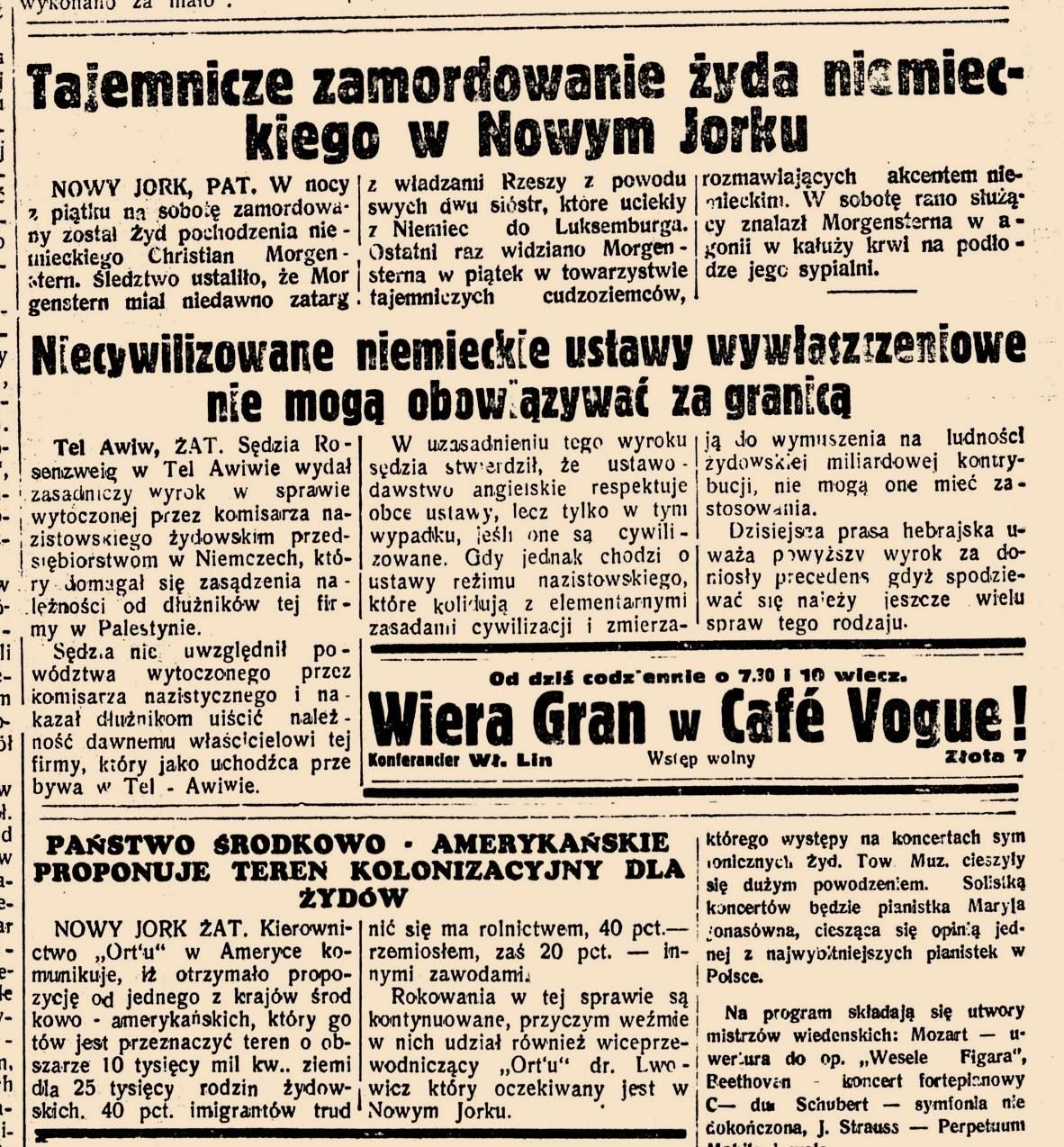 „Nasz Przegląd”, 5 grudnia 1938: powrót Wiery Gran do Café Vogue — wśród depesz o losie Żydów w Niemczech i planach ich „kolonizacji” za oceanem.