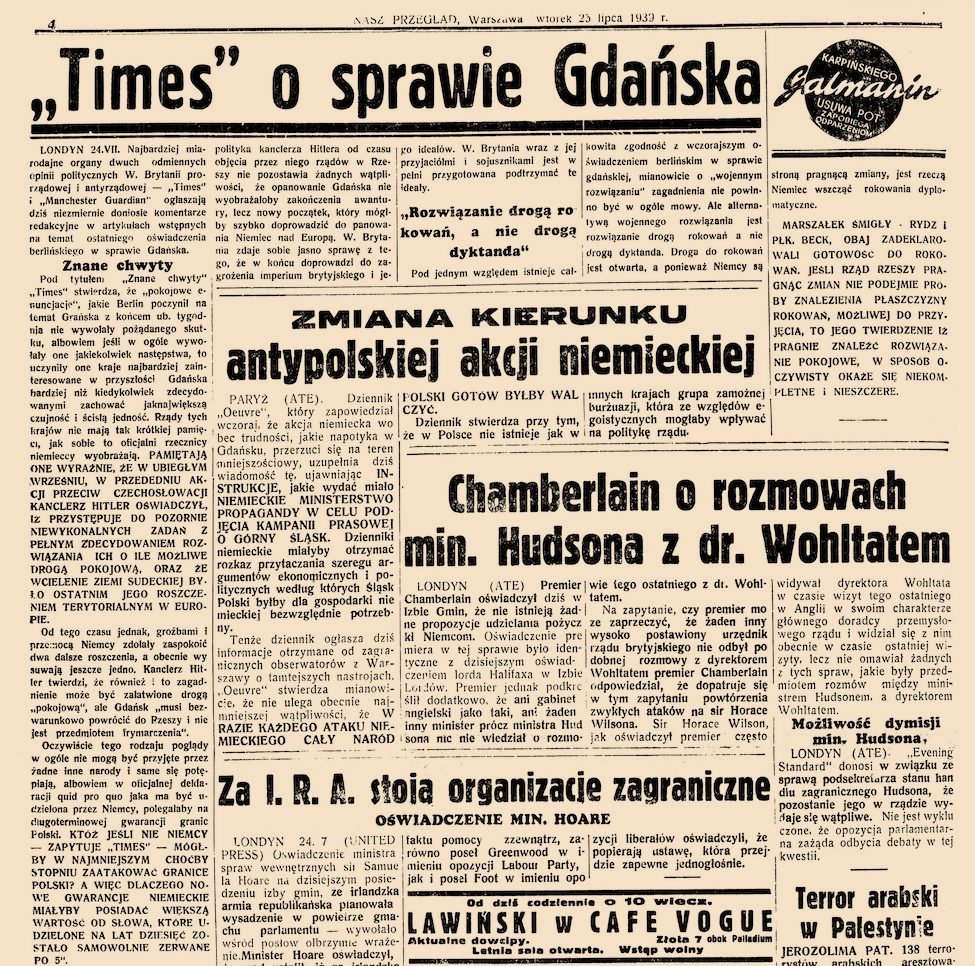 „Nasz Przegląd”, wtorek 25 lipca 1939: kolumna gdańska — i ramka „LAWIŃSKI w CAFE VOGUE. Aktualne dowcipy… Letnia sala otwarta.” Ostatnie znane ogłoszenie kawiarni.