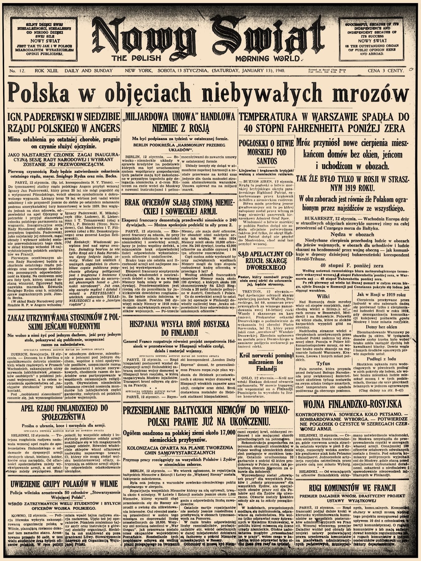 Pełna strona tego numeru. Wokół listy — tytuły zimy 1940 roku: „Polska w objęciach niebywałych mrozów”, „Temperatura w Warszawie spadła do 40 stopni Fahrenheita poniżej zera”, „Mróz przyniósł nowe cierpienia mieszkańcom domów bez okien, jeńcom i uchodźcom w obozach”, apel o paczki dla jeńców i uchodźców. Jedna linijka z nazwiskiem — a wokół niej cała zima 1940 roku.