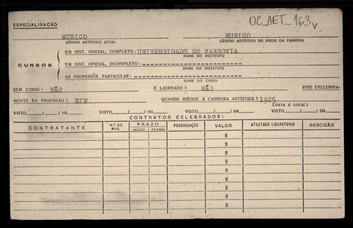 Rewers karty: „MÚSICO / MÚSICO”; „Vive exclusivamente da profissão? SIM”; „Quando iniciou a carreira artística? 1925”. Arquivo Nacional, BR_RJANRIO_OC.
