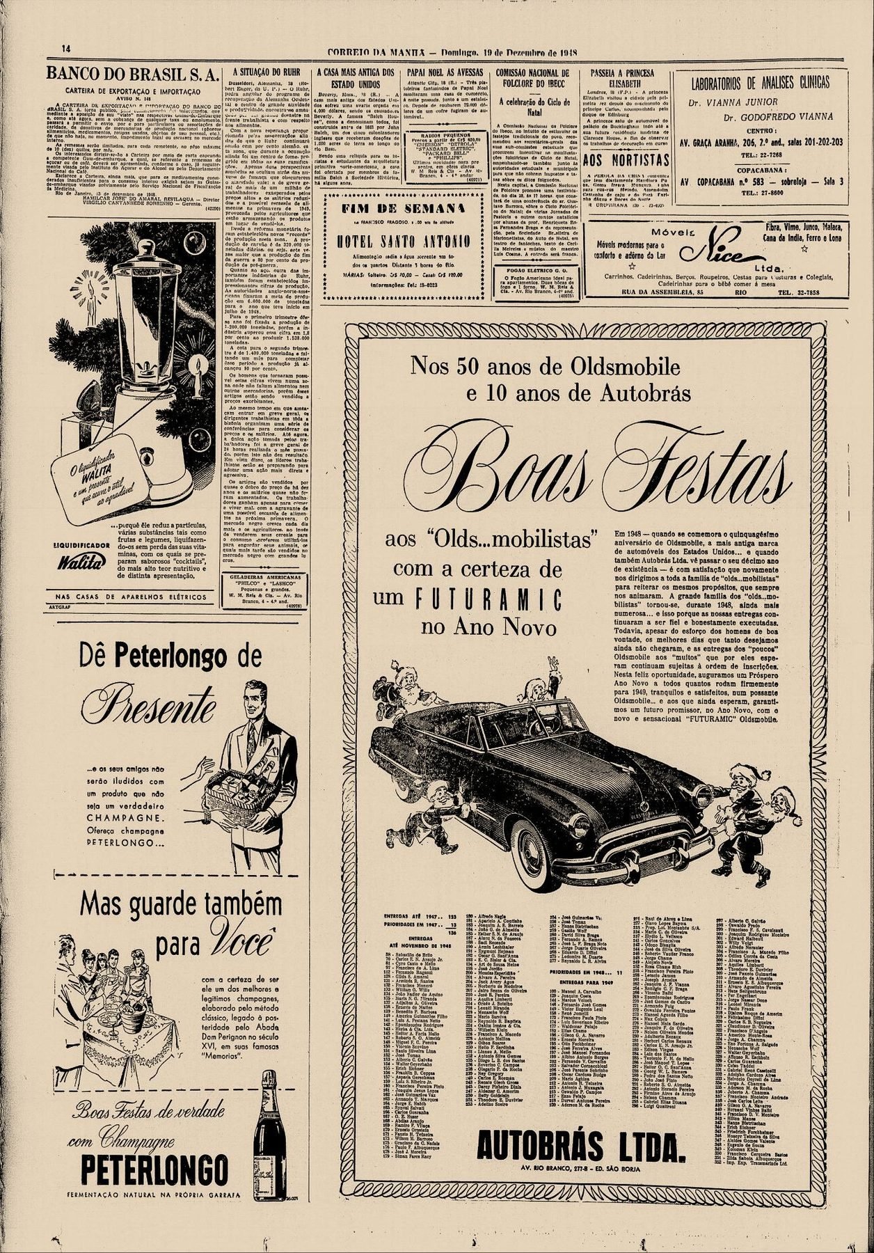„Correio da Manhã” (Rio de Janeiro), niedziela 19 grudnia 1948, s. 14: świąteczne ogłoszenie Autobrás Ltda. w pięćdziesięciolecie marki Oldsmobile — z listą kilkuset odbiorców samochodów.