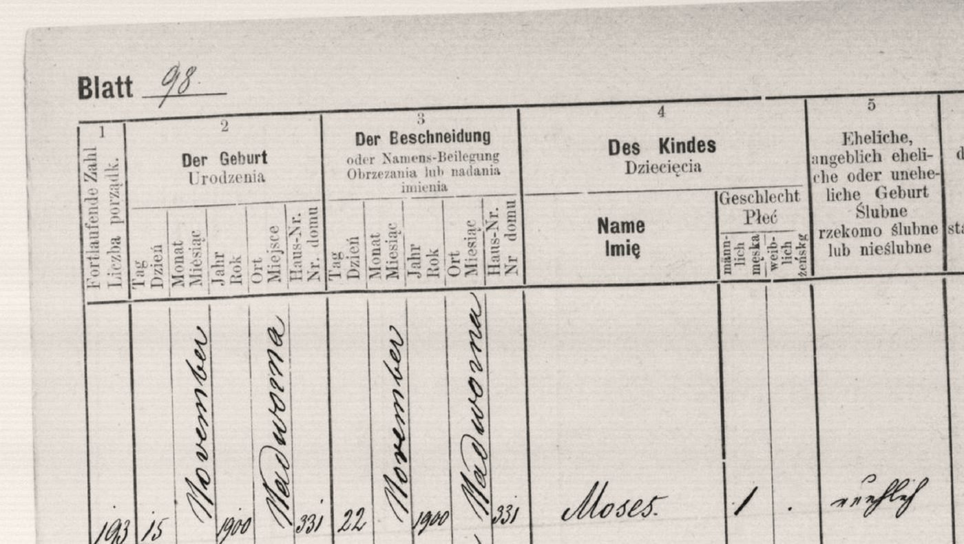 Karta z księgi urodzeń okręgu Nadwórna z wpisem Moszego Jacoba, 15 listopada 1900 (AGAD; kopia w zbiorach projektu).