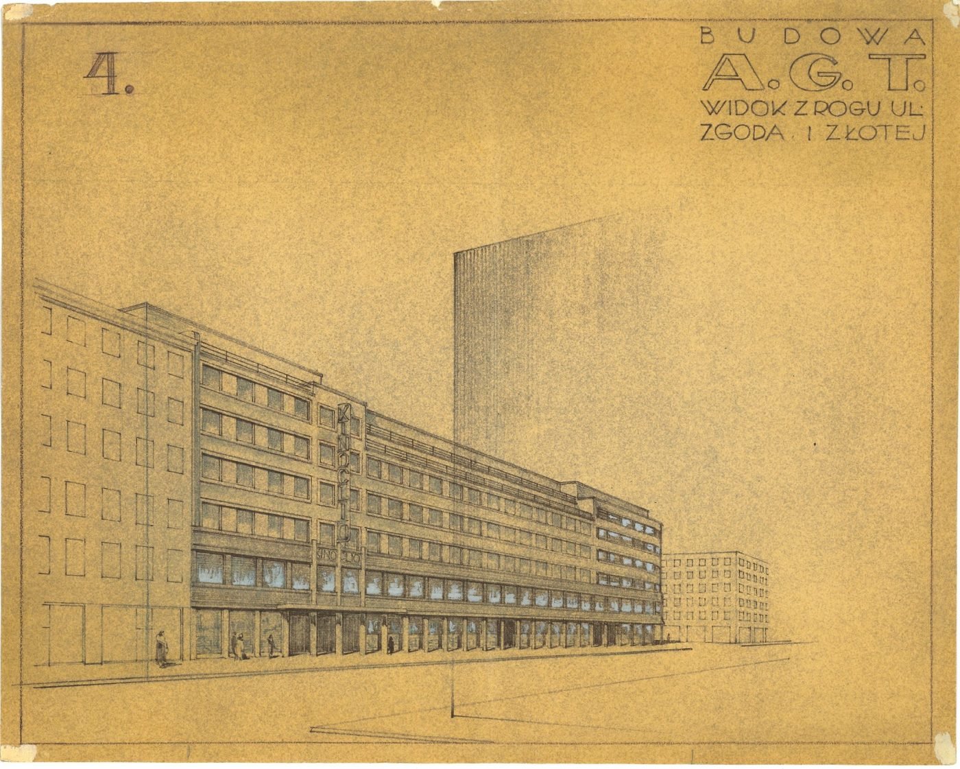 The design board „Budowa A.G.T." — view of the whole scheme from the corner of Zgoda and Złota Streets (studio of the architect Edward Eber). Only the wing visible on the left of the drawing was built. Project collection.