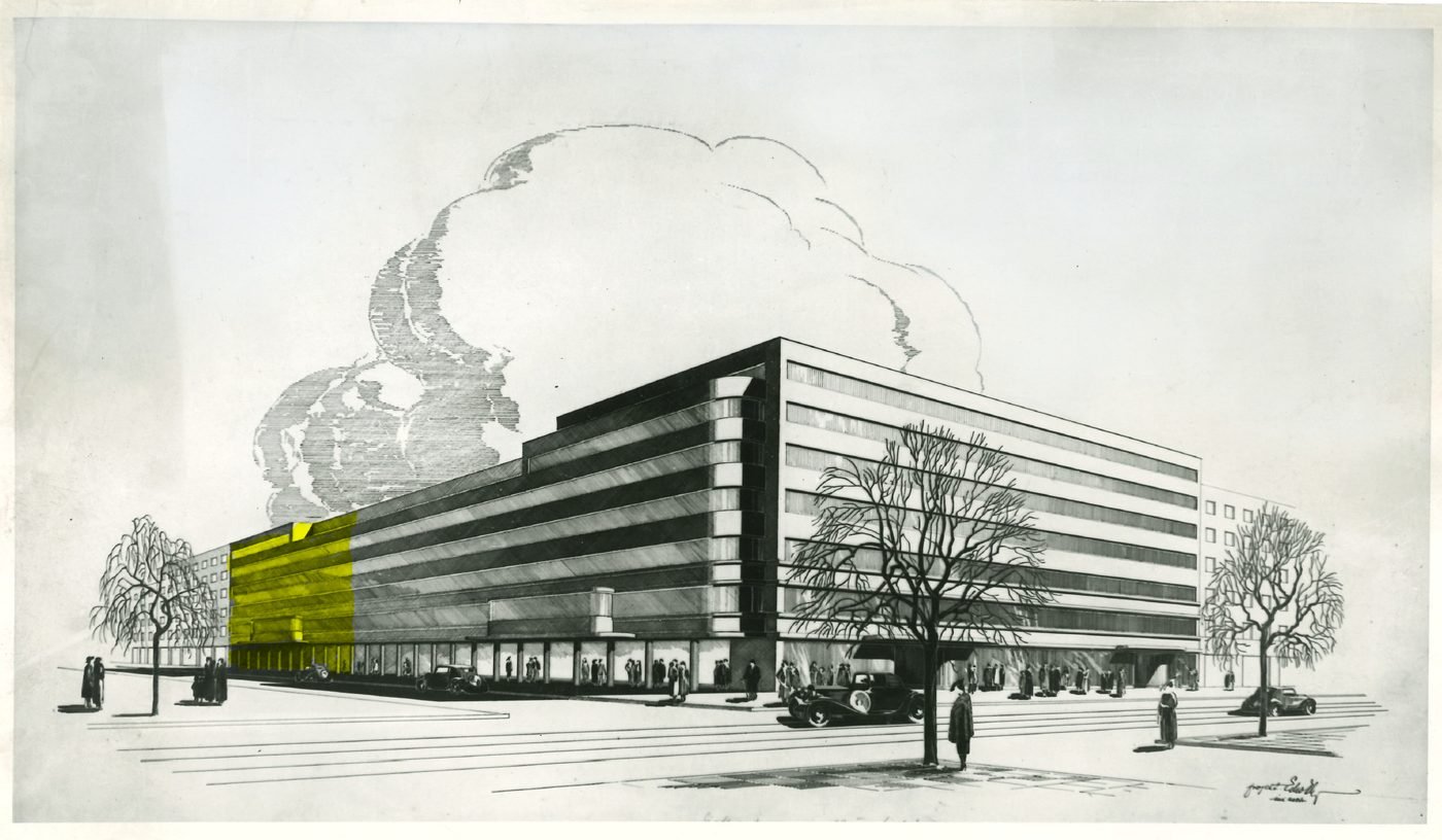 The design of the whole Assicurazioni Generali Trieste scheme — a perspective from the studio of the architect Edward Zachariasz Eber. The gold tone marks the only realised part of the great vision: the wing at Złota 7/9, completed in 1937. The rest of the plan was crossed out by the outbreak of the war. Generali archive.