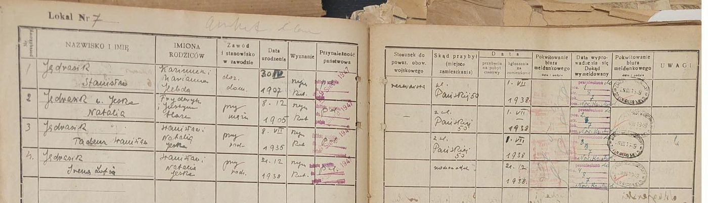 Card of the residence register of apartment no. 7 at 7 Złota Street with the entries of the four Jędrasiks (register reconstructed after the war). Project collection.