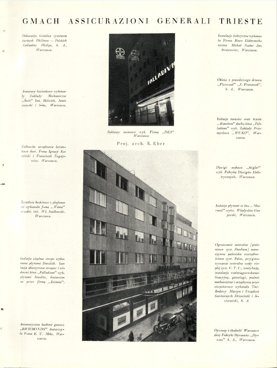A page of „Arkady" („Arkady", vol. III, 1937, nos. 11–12, pp. 665–666) devoted to the Assicurazioni Generali building — with photographs and a list of the installation contractors. Project collection.