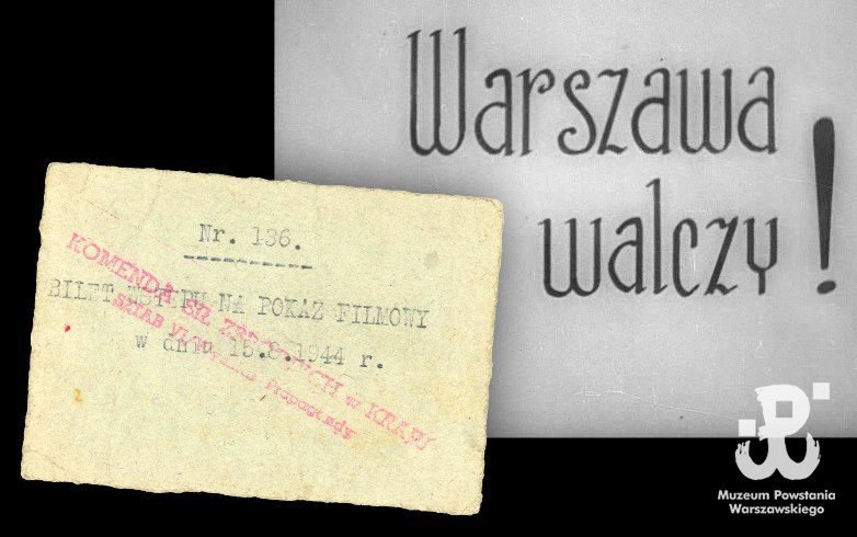 Ticket no. 136 for the film showing of 15 August 1944 — the first public premiere of the newsreel „Warszawa walczy!" in the Palladium cinema. The red stamp of the Command of the Armed Forces in the Homeland — VI Bureau of the Staff (propaganda): the same structure in which Stanisław Jędrasik served. From the collection of the Warsaw Rising Museum.
