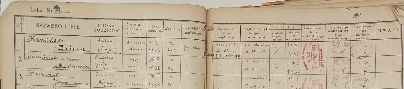 The residents' register card for apartment no. 3 at Złota 9 with the entries of the three Kamińskis (the authentic register, preserved in full): Tadeusz, Marianna née Rożnowska, Janina Longina and Halina; arrived from 114 Marszałkowska Street, apt. 15, registered 14 October 1937. Project collection.