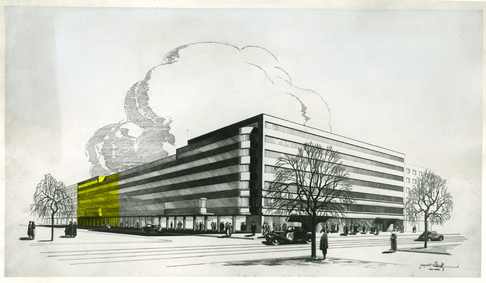 The design of the whole Assicurazioni Generali Trieste complex – a perspective from the studio of the architect Edward Zachariasz Eber. The gold tone marks the only realised part of the great vision: the wing at Złota 7/9, completed in 1937. The rest of the plan was cancelled by the outbreak of war. Generali Archive.