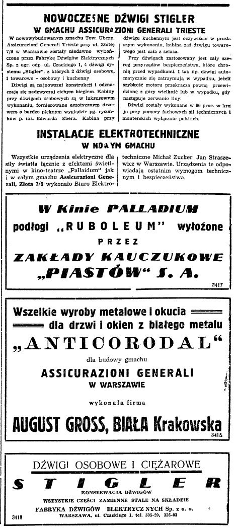 The technical press of 1937 on the „Stigler" lifts, the electrical installations and the „Anticorodal" fittings in the building. Clipping from the project's collection.