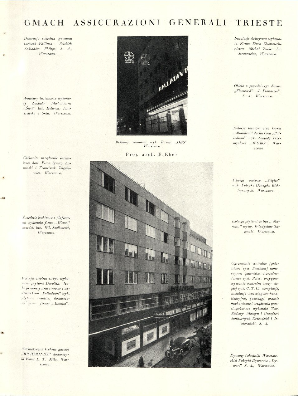 A page of „Arkady" (Year III, 1937, no. 11–12, pp. 665–666) devoted to the Assicurazioni Generali building – with photographs and a list of the contractors for the installations. Project collection.