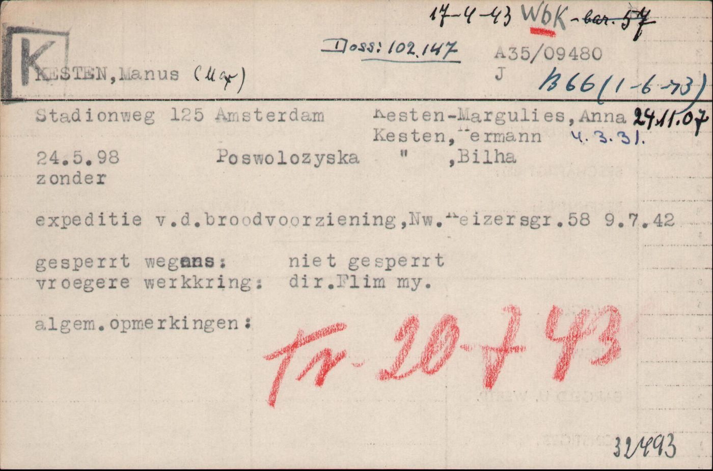 Card from the index of the Jewish Council / Westerbork camp: „Kesten, Manus (Max)", born 24 May 1898 in Podwołoczyska, „vroegere werkkring: dir. Film my." — former occupation: director of a film company. The red annotation „Tr. 20-7-43" — transport to Sobibór.