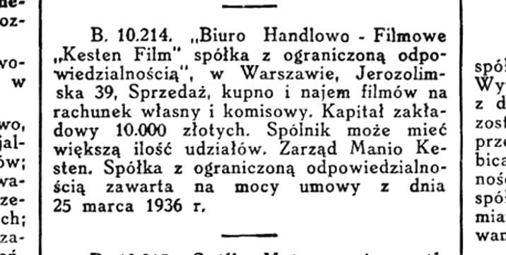 Registration notice B 10.214: articles of association of 25 March 1936, seat — Jerozolimska 39, share capital 10,000 złoty, management — Manio Kesten.