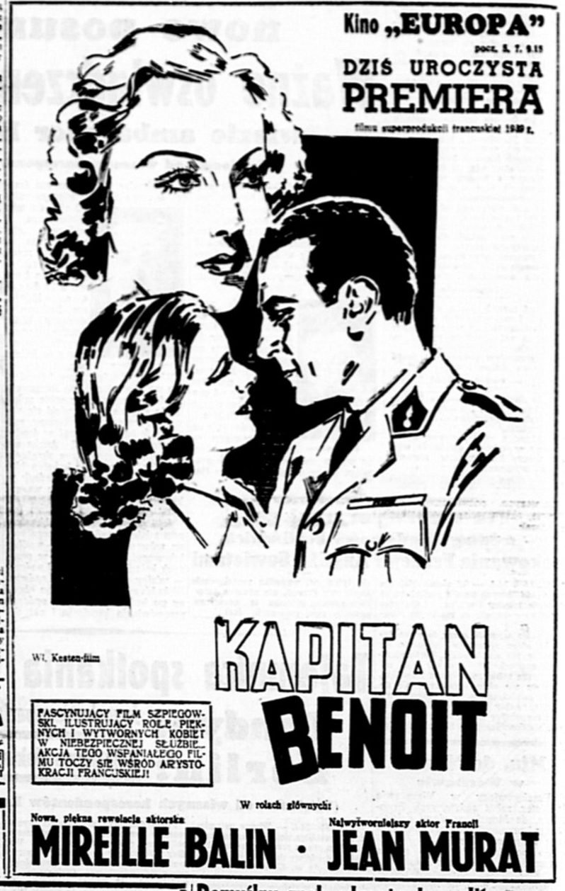 „Gala première today" — „Captain Benoit" with Mireille Balin and Jean Murat at the Europa cinema; in the corner the note: „property of Kesten-film."