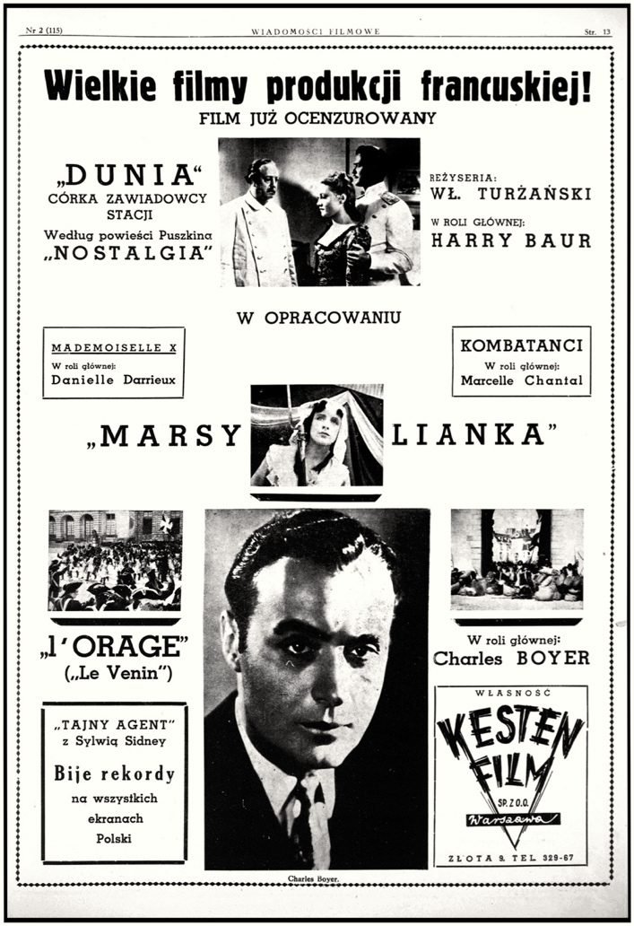 „Wiadomości Filmowe": a full-page advertisement for Kesten-Film's „great films of French production"