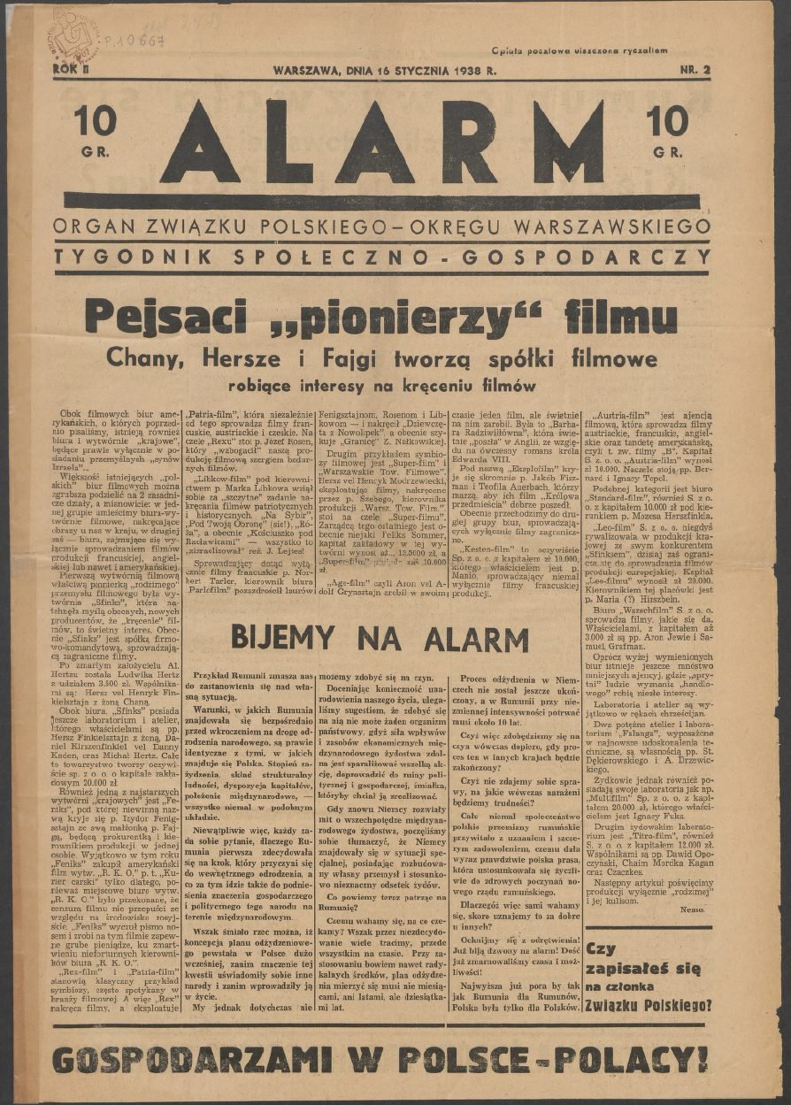 „Alarm", 16 stycznia 1938 r., strona tytułowa: „Pejsaci »pionierzy« filmu"; u dołu: „Gospodarzami w Polsce — Polacy!".