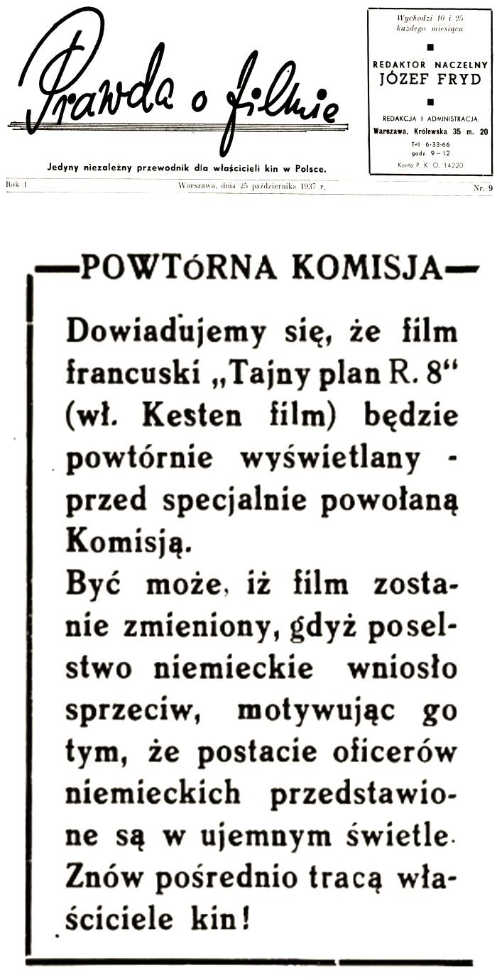 „Prawda o filmie", 25 October 1937: the note „A second commission" on the German protest against the film „Secret Plan R. 8" (property of Kesten-Film).