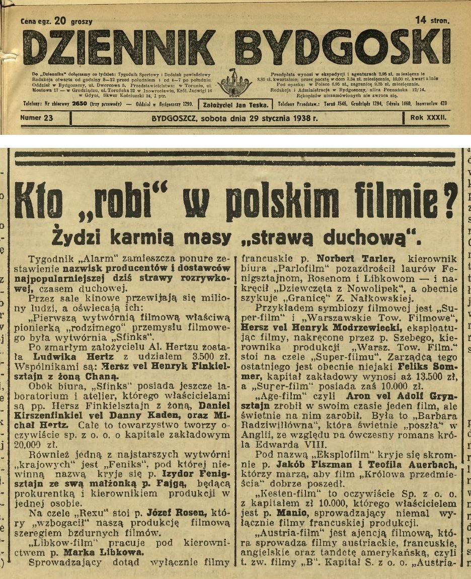 „Dziennik Bydgoski", 29 January 1938: „Who »runs« Polish film?" — among the firms named are „Kesten-film" and „Mr Manio."