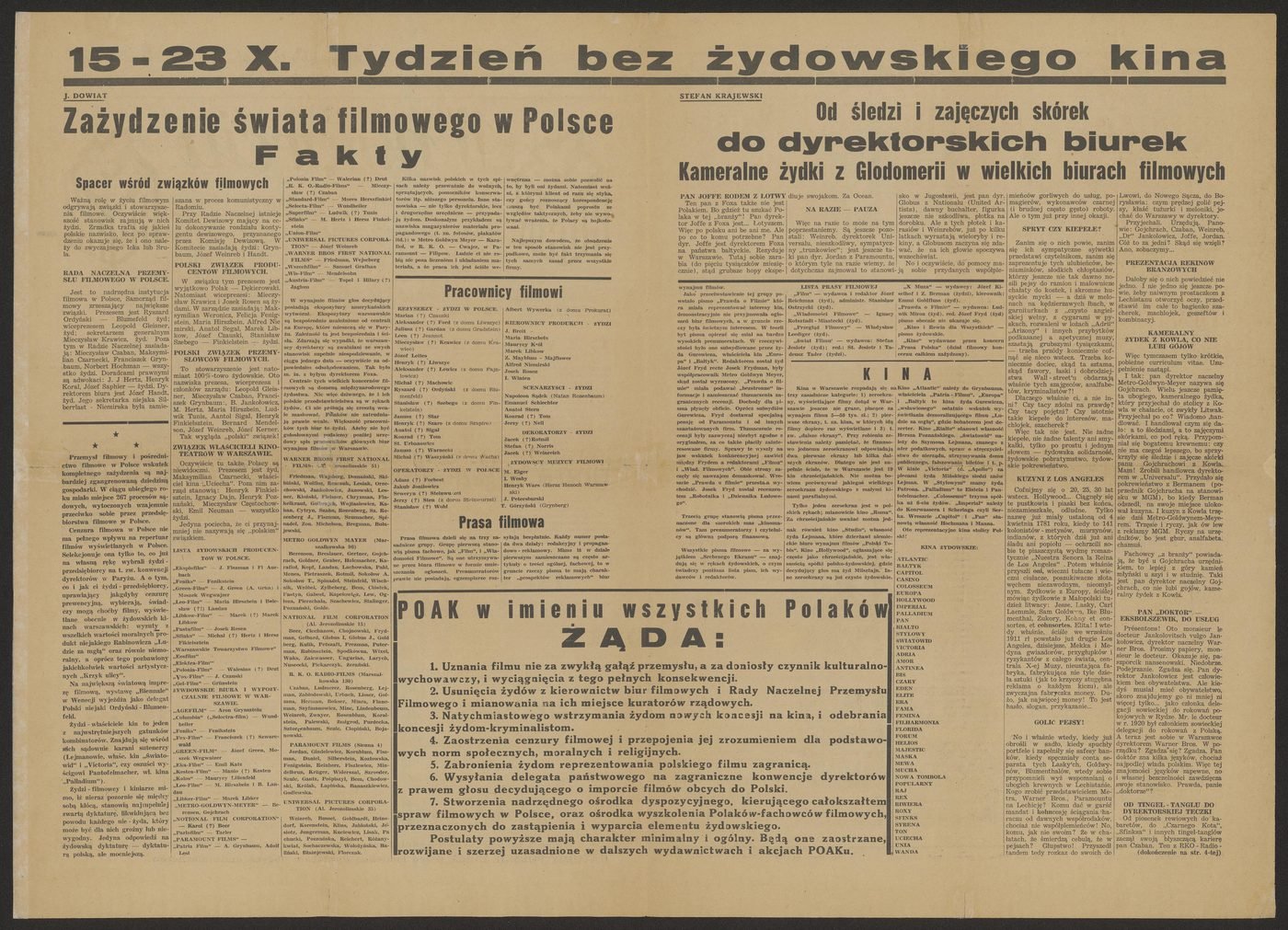 The POAK one-day paper „W natarciu" (Warsaw, October 1938; on the cover the year „1939" misprinted) — published for the action of the „Week without Jewish cinema" 15–23 Oct 1938; inside, lists of cinemas and firms and the article „The Jewification of the film world in Poland — Facts"; in the list of Warsaw bureaus named outright: „«Kesten-Film» — Manio (?) Kesten". From the project collection.